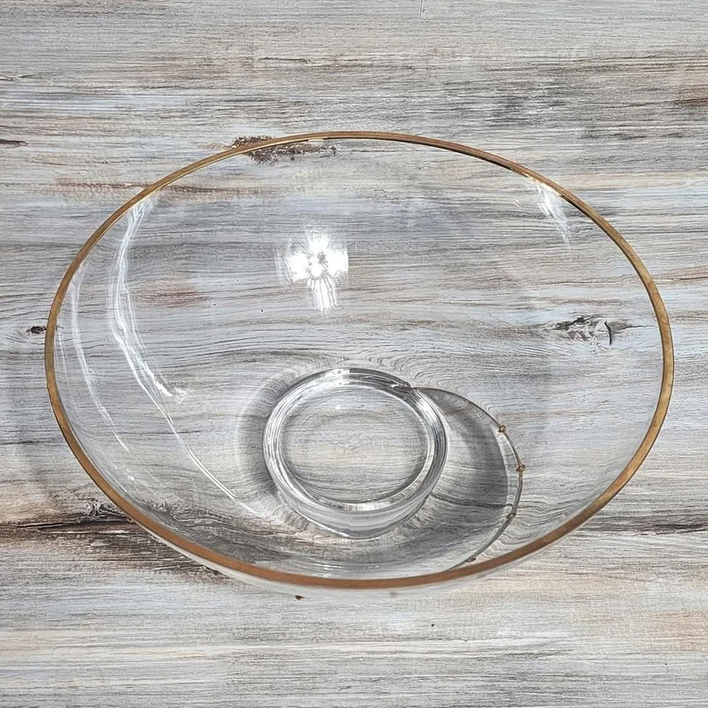 Pier 1 Gold Dot‎ Swirl Wine Goblets and Serving Bowl Set 7pc Mouth Blown Glass